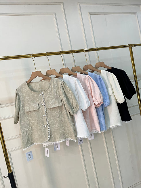 Women Korean Puff Sleeves Round Neck Button Down Tops